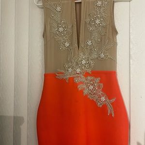 Reveka nude orange pearl embroidery sheer bandage dress